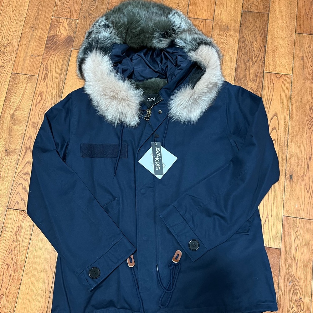 AVA & KRIS Rabbit Fur-trim Cotton Parka in
Navy (Blue) Medium Jacket 4in1